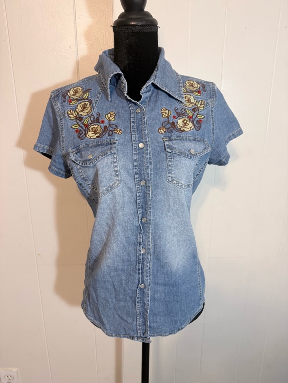 Embroidered Light Denim Button-Up Shirt - Floral Yoke